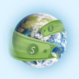 Cash flying around planet symbolizing speed of money transaction. Illustration on light blue background