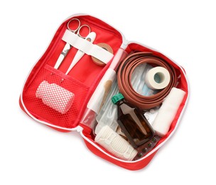Photo of First aid kit on white background, top view. Health care