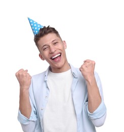 Happy young man in party hat on white background