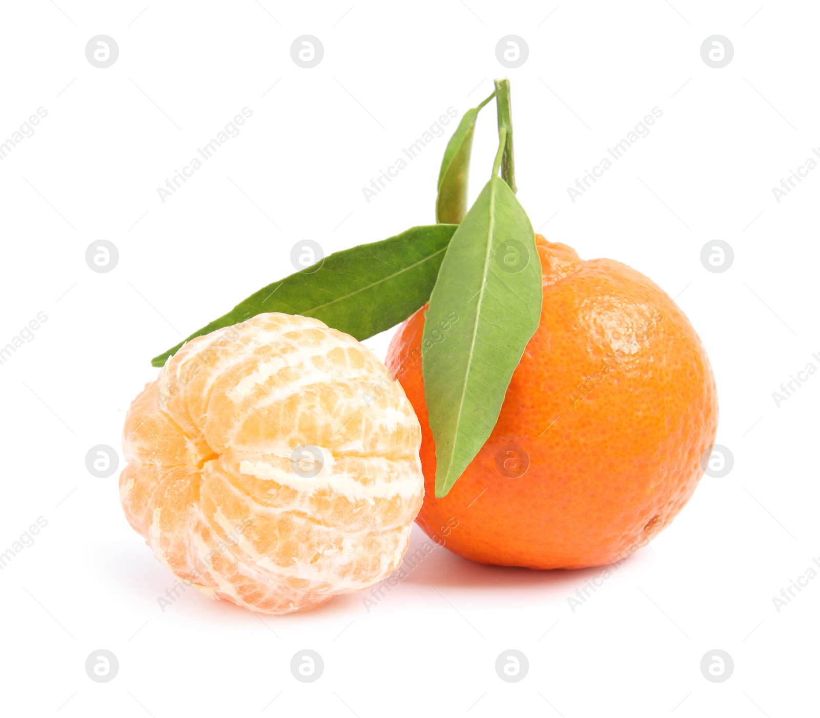 Photo of Tasty ripe tangerines with leaves on white background