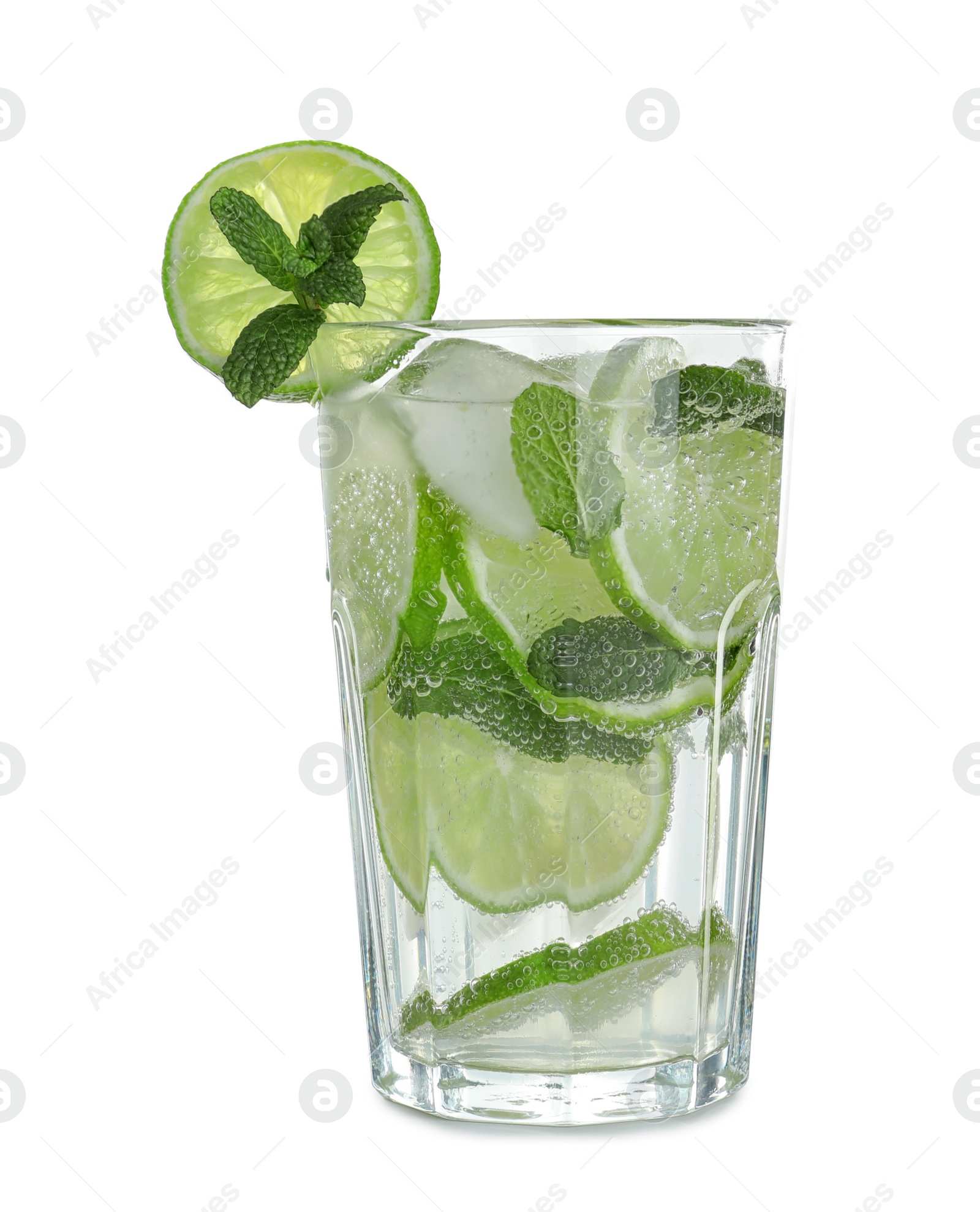 Photo of Glass of tasty refreshing cocktail on white background