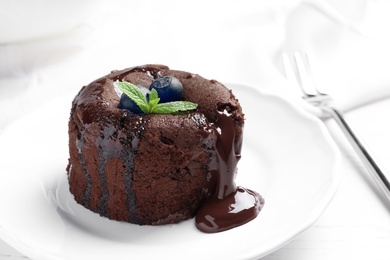 Delicious fresh fondant with hot chocolate and blueberries served on plate. Lava cake recipe