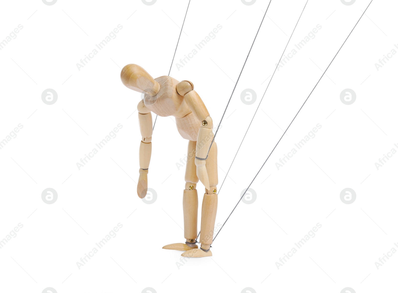 Photo of One wooden puppet with strings on white background