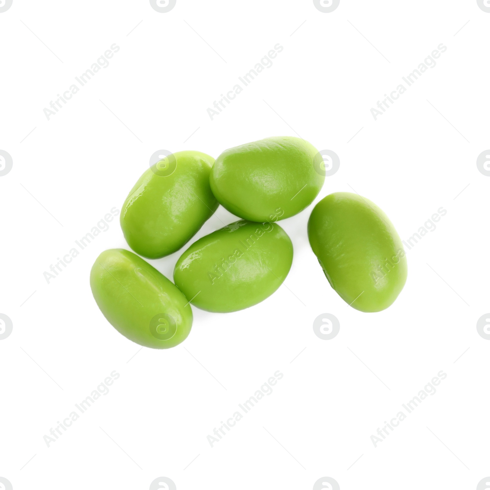 Photo of Fresh green edamame soybeans on white background, top view
