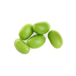 Photo of Fresh green edamame soybeans on white background, top view