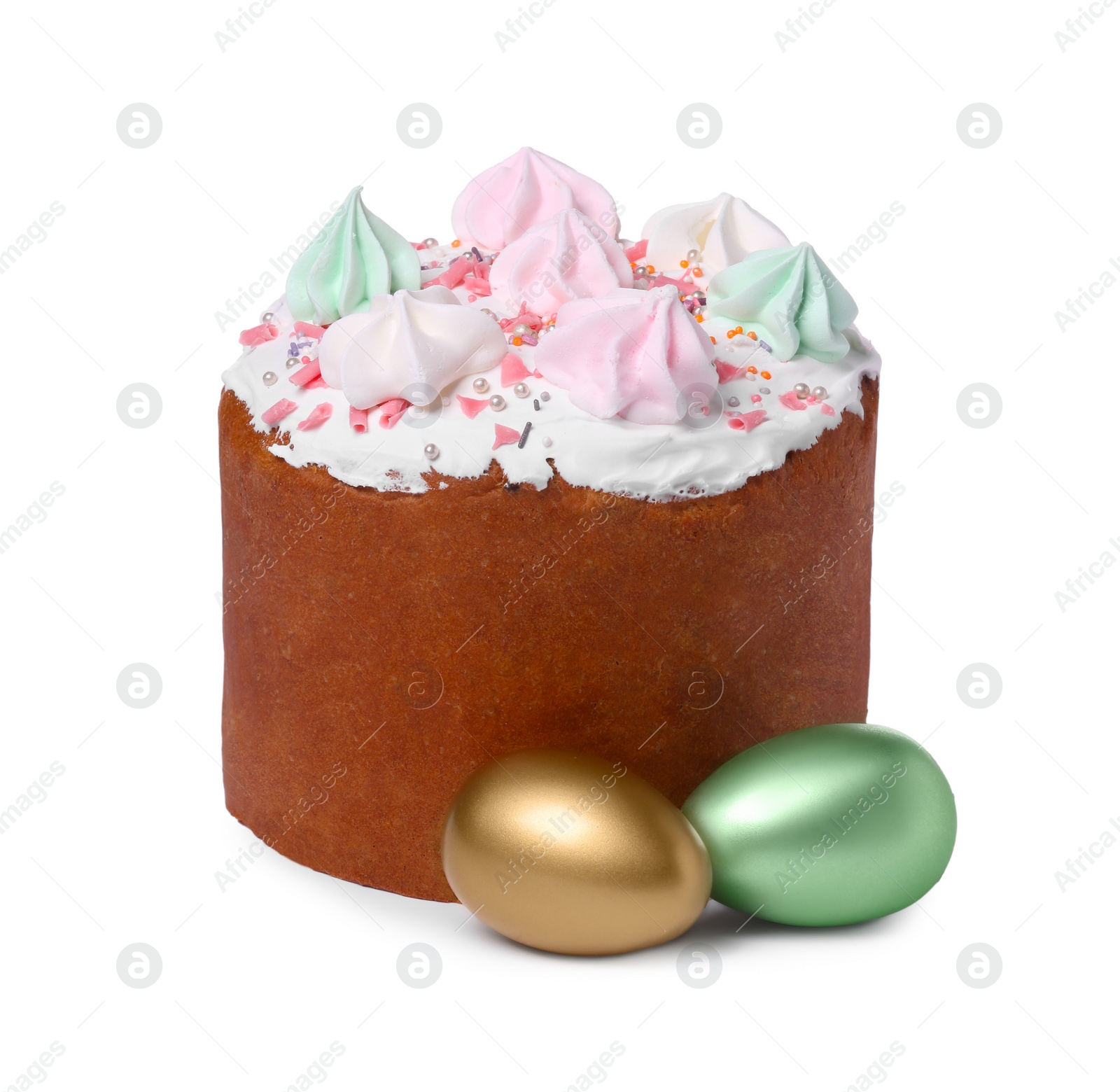 Photo of Traditional Easter cake with meringues and painted eggs isolated on white