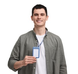 Photo of Smiling man showing empty badge on white background