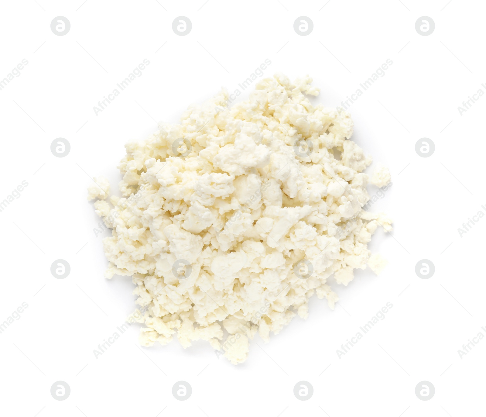 Photo of Pile of delicious fresh cottage cheese on white background, top view