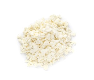 Photo of Pile of delicious fresh cottage cheese on white background, top view