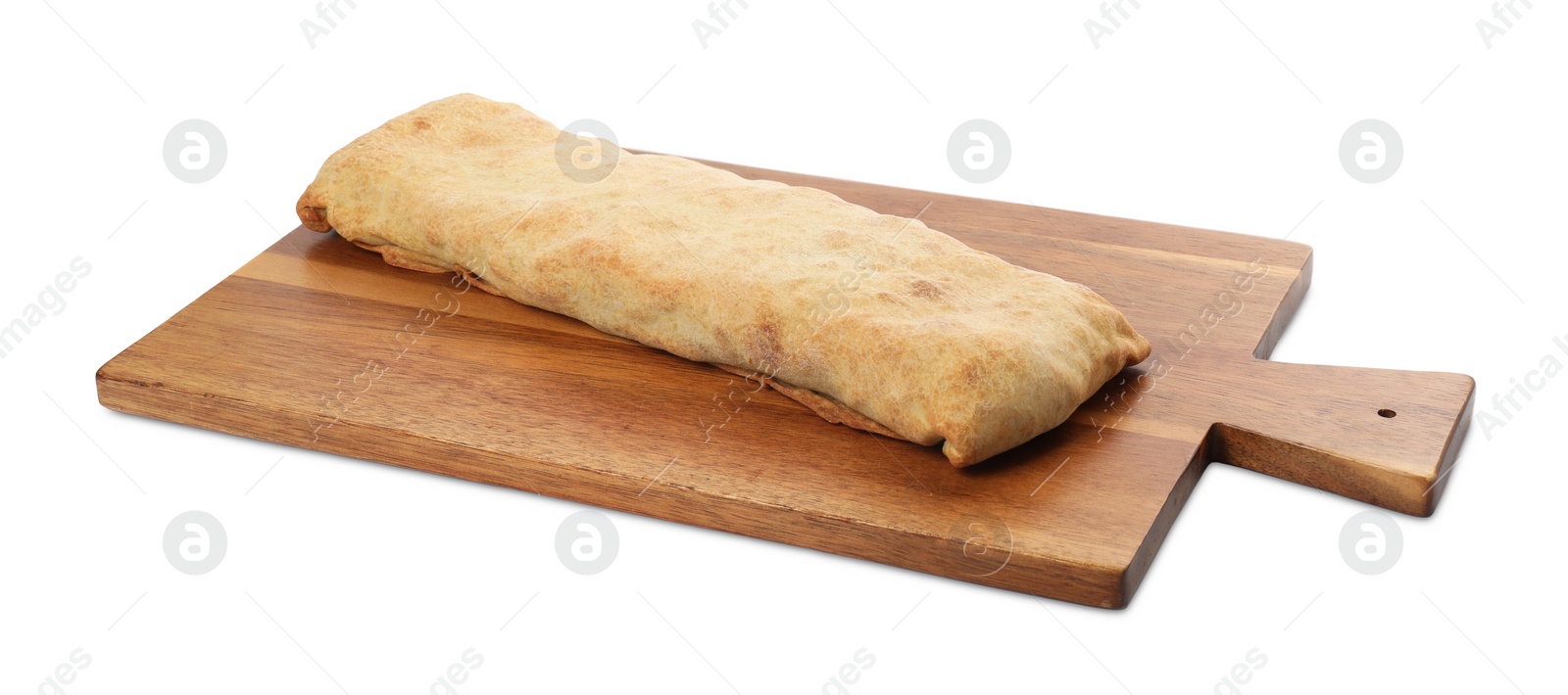 Photo of Delicious strudel with tasty filling isolated on white