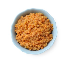 Photo of Delicious red lentils in bowl isolated on white, top view