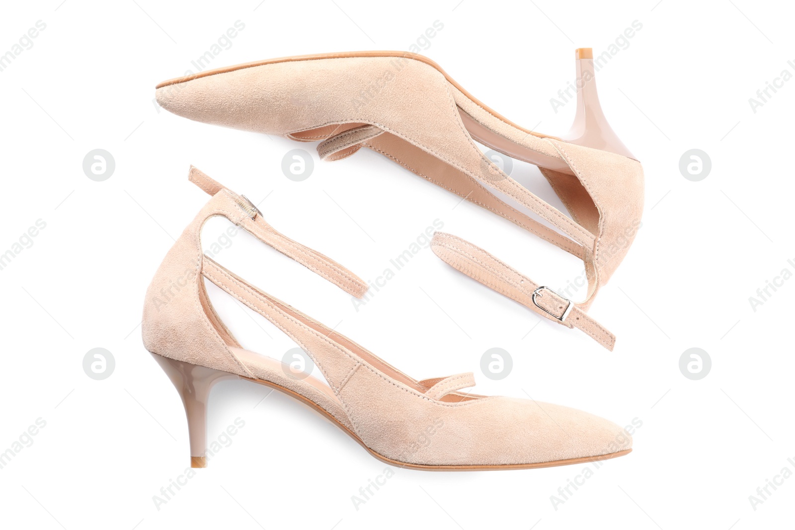 Photo of Pair of beautiful shoes on white background, top view