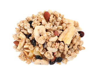 Image of Heap of tasty crispy granola on white background, top view