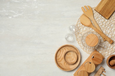 Photo of Set of cooking utensils on grey table, flat lay, Space for text