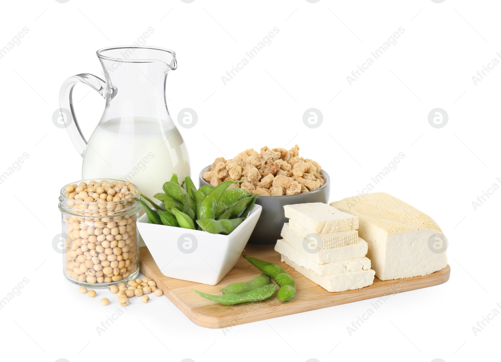 Photo of Different organic soy products on white background