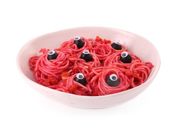 Photo of Red pasta with decorative eyes and olives in bowl isolated on white. Halloween food