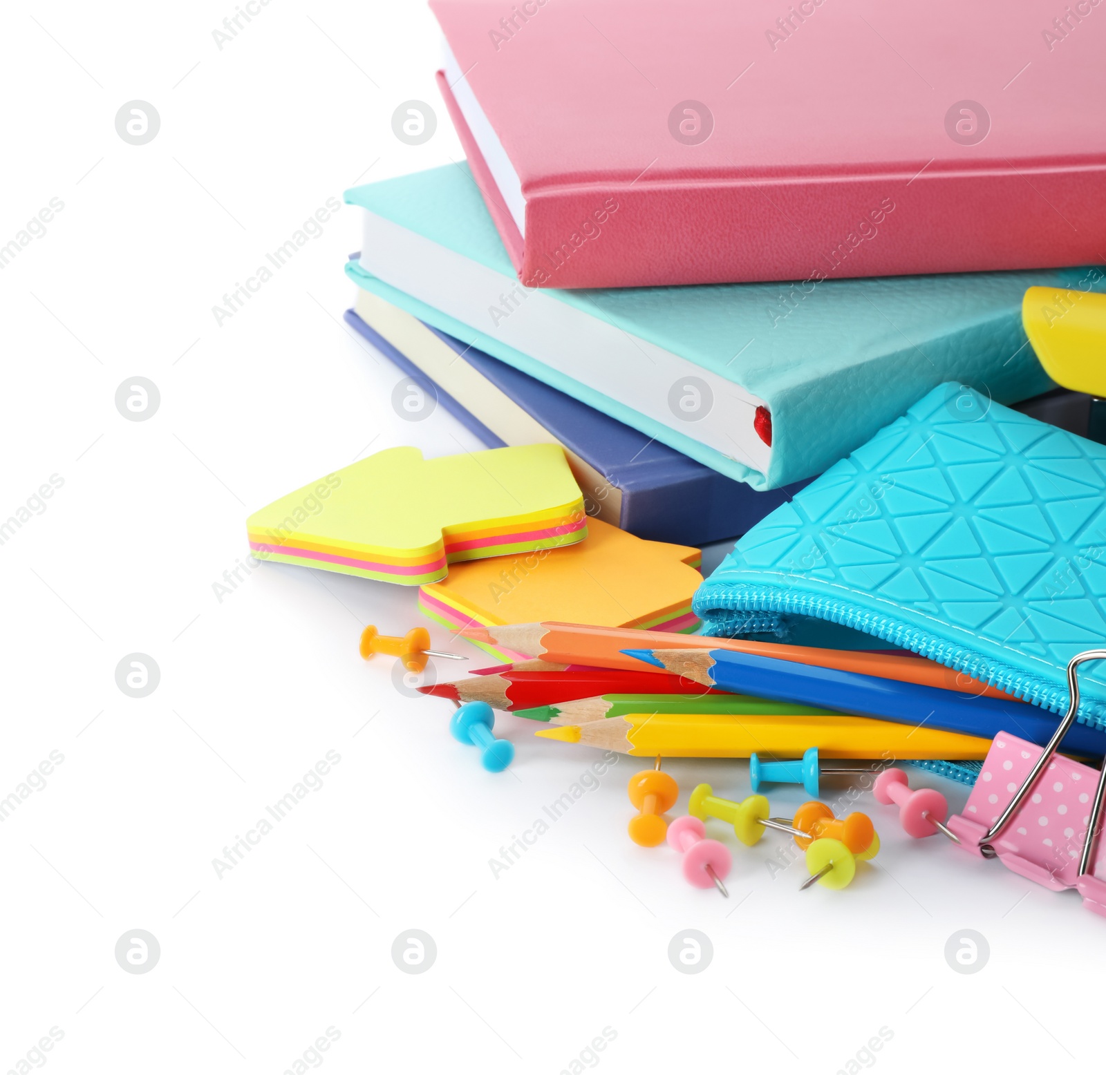 Photo of Different colorful stationery on white background. Back to school