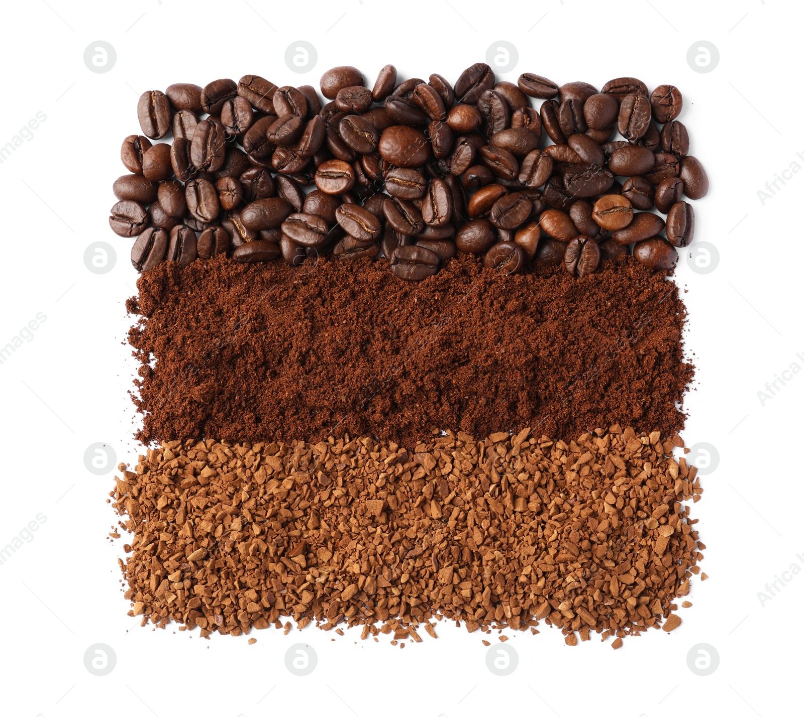 Photo of Beans, instant and ground coffee on white background, top view