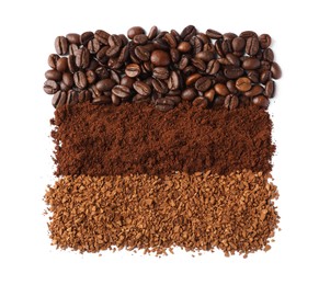 Beans, instant and ground coffee on white background, top view