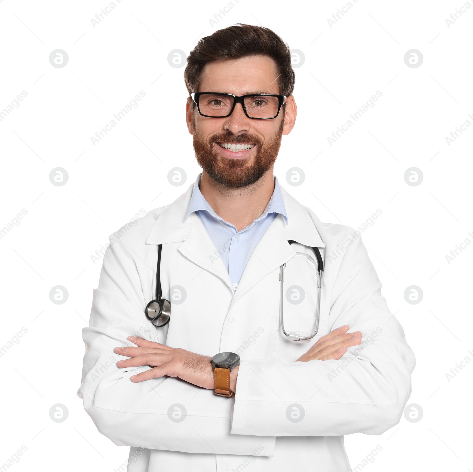 Photo of Portrait of doctor with stethoscope on white background