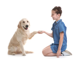 Photo of Cute little child with her pet on white background