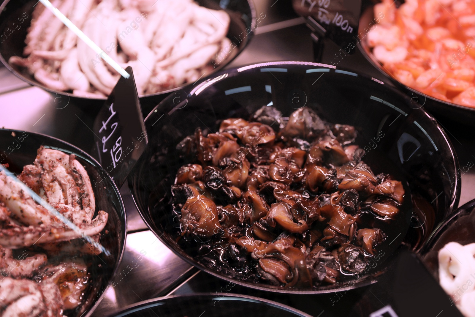 Photo of Different seafood on display, closeup. Wholesale market