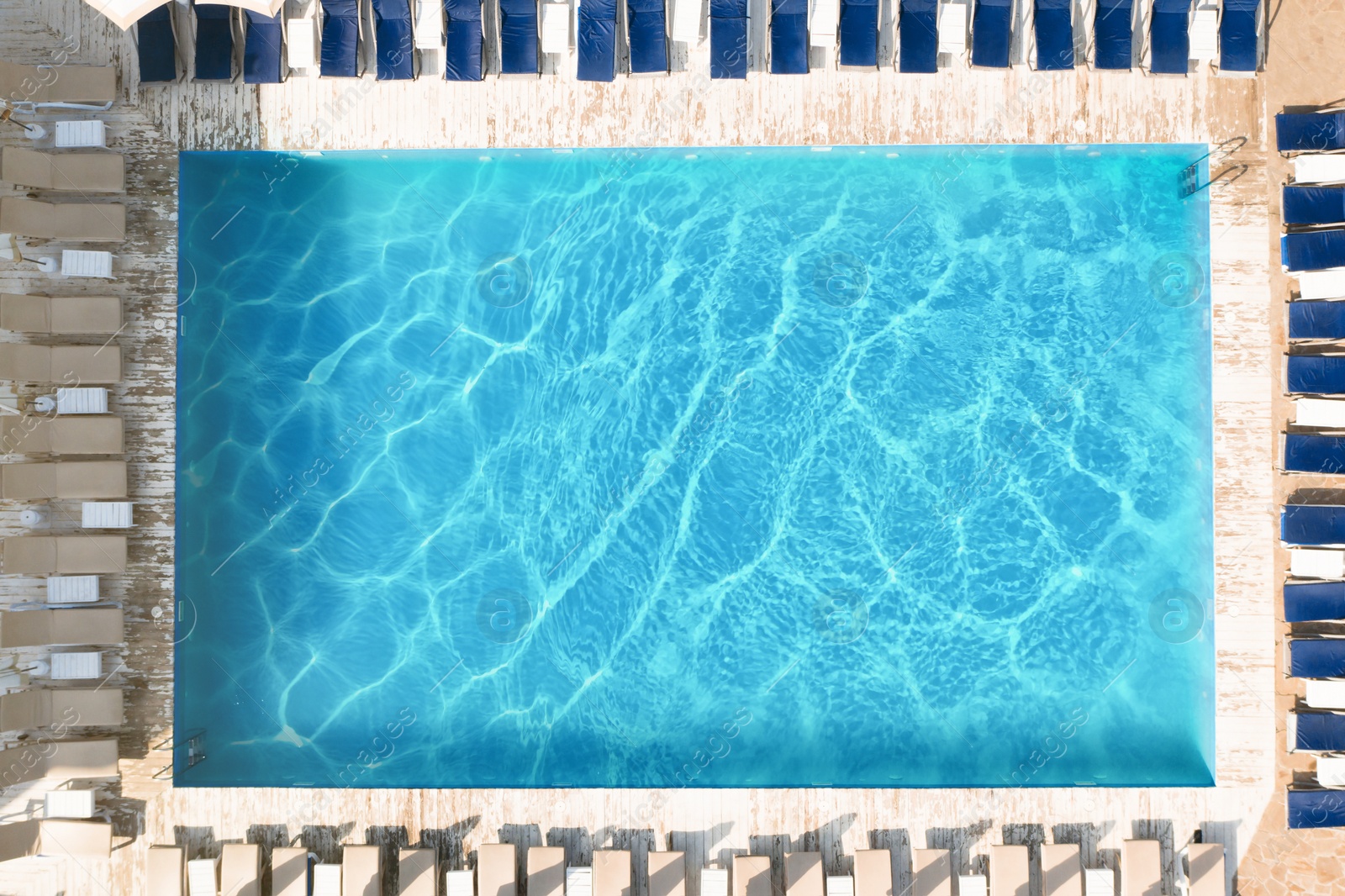 Image of Sun lounge chairs near swimming pool, top view