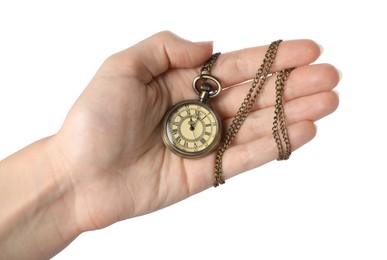 Woman holding pocket clock with chain on white background, closeup