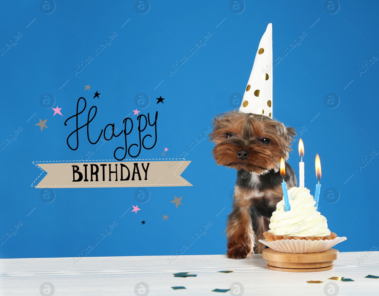 Image of Text Happy Birthday, Yorkshire terrier dog and delicious cupcake on blue background