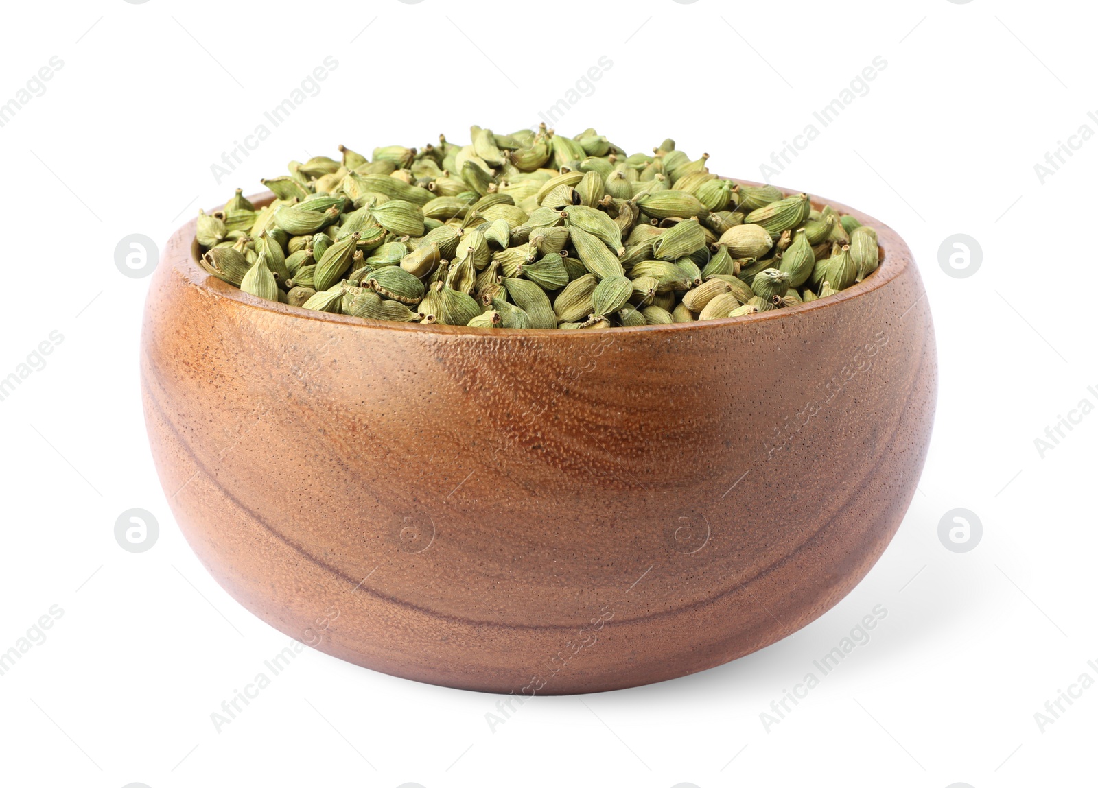 Photo of Wooden bowl with dry cardamom seeds isolated on white