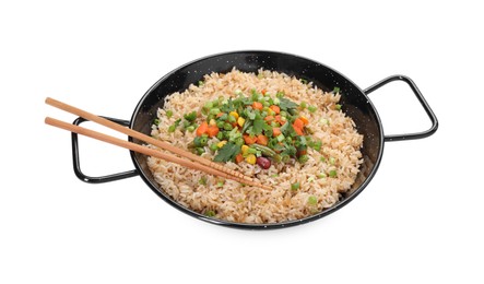 Tasty fried rice with vegetables and chopsticks isolated on white
