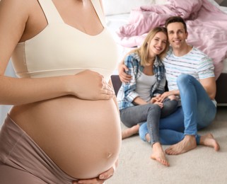 Image of Surrogacy concept. Young pregnant woman and blurred view of happy couple indoors