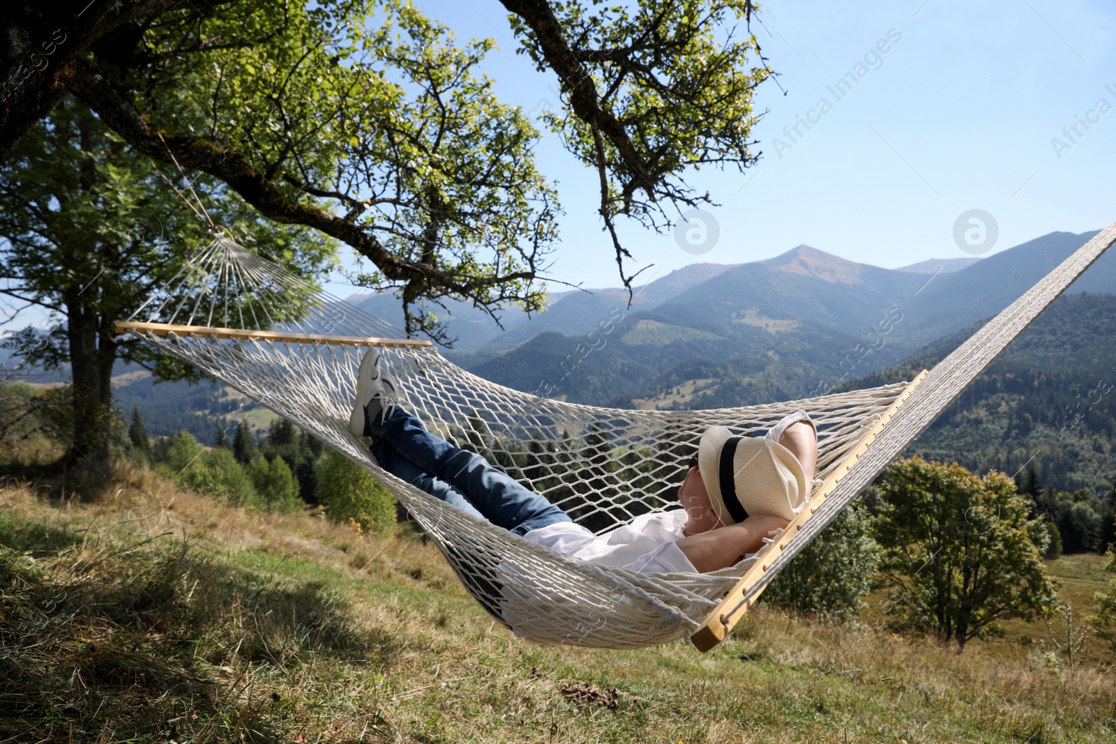 Photo of Young man resting in hammock outdoors on sunny day