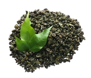 Photo of Pile of dried green tea leaves on white background, top view