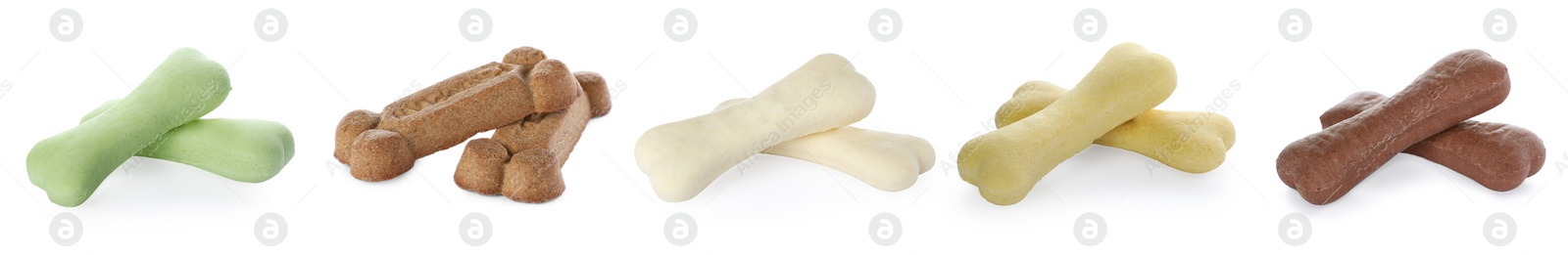 Image of Set of different bone shaped dog cookies on white background. Banner design