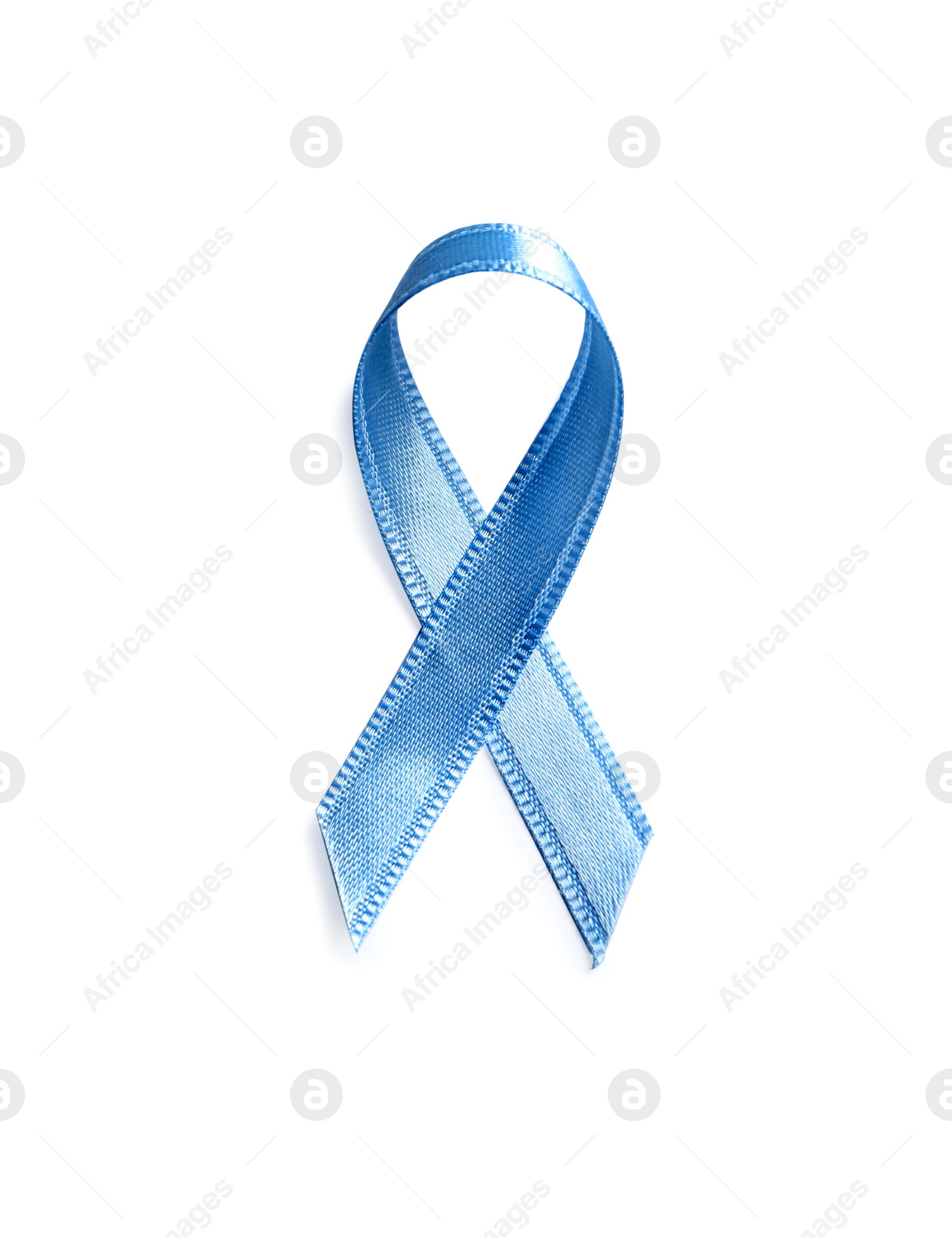 Photo of Blue ribbon on white background, top view. Cancer awareness