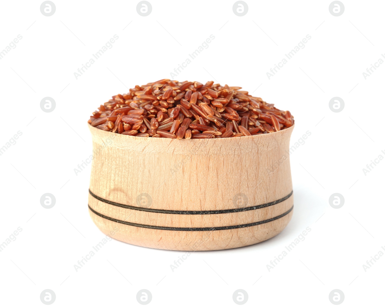 Photo of Bowl with uncooked brown rice on white background