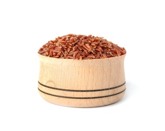 Bowl with uncooked brown rice on white background