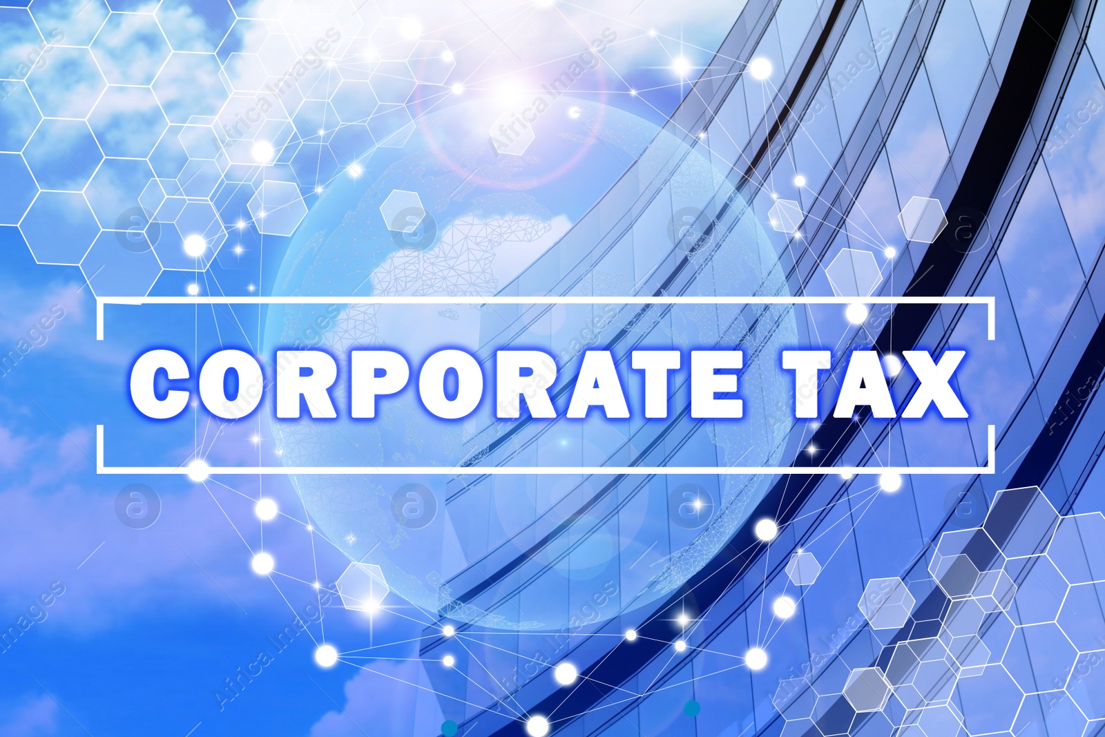 Image of Corporate tax concept. Modern office building with tinted windows outdoors