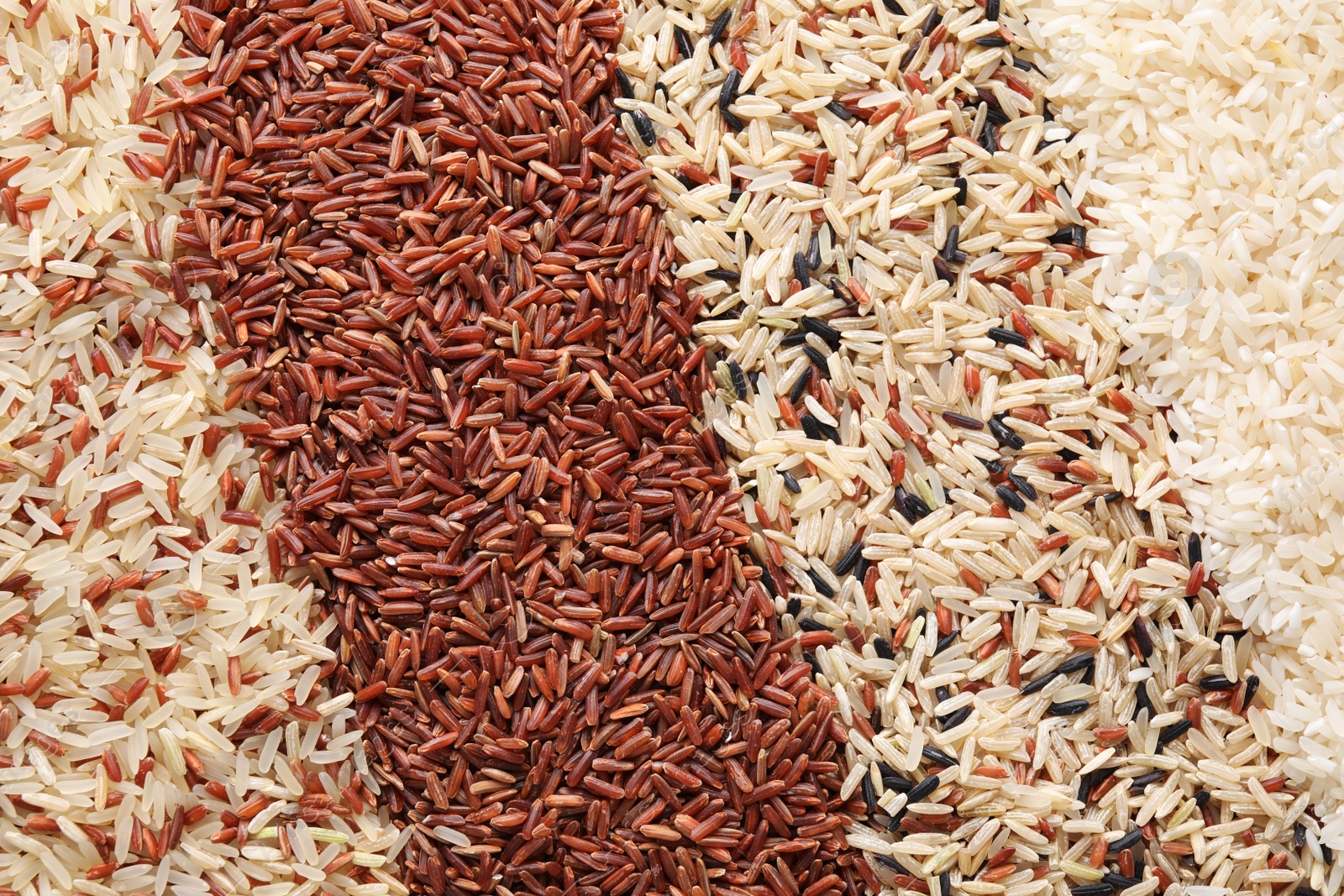 Photo of Different types of rice as background, top view