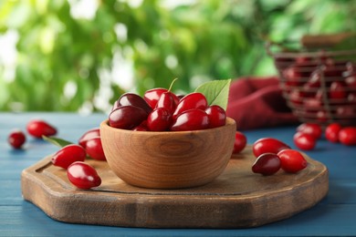 Photo of Fresh ripe dogwood berries in bowl on blue wooden table