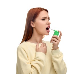 Photo of Young woman using throat spray on white background