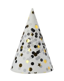 Photo of Bright party hat isolated on white. Festive accessory