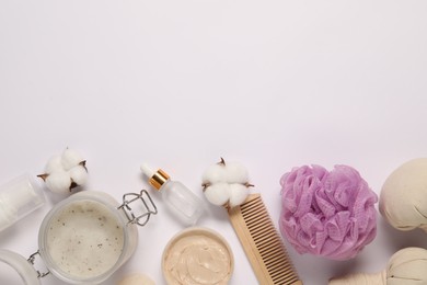 Photo of Bath accessories. Flat lay composition with personal care products on white background, space for text