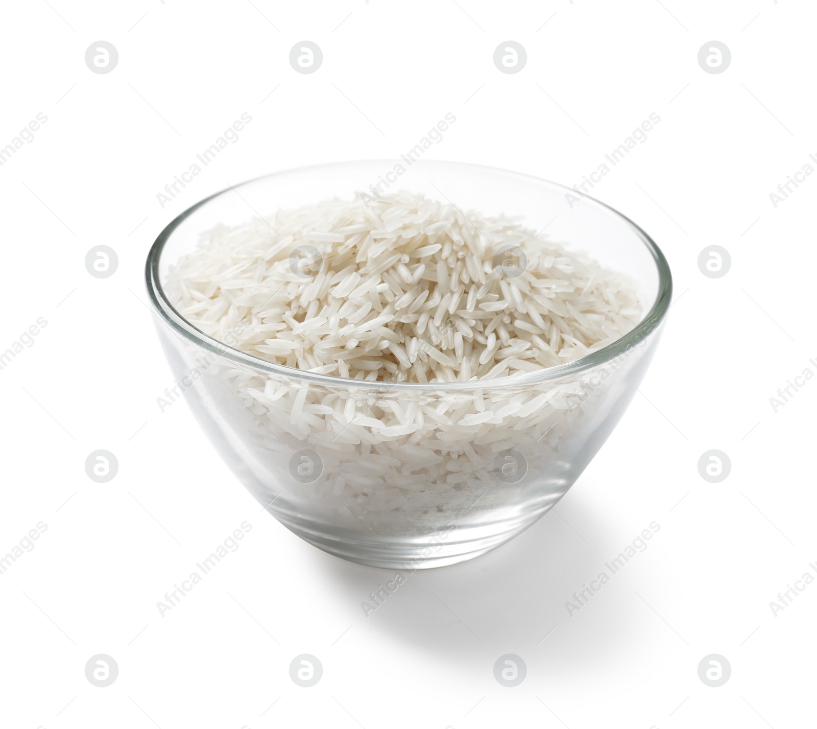 Photo of Raw basmati rice in bowl isolated on white