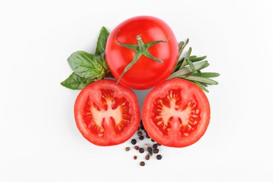 Photo of Ripe tomatoes, basil, rosemary and spices on white background, flat lay
