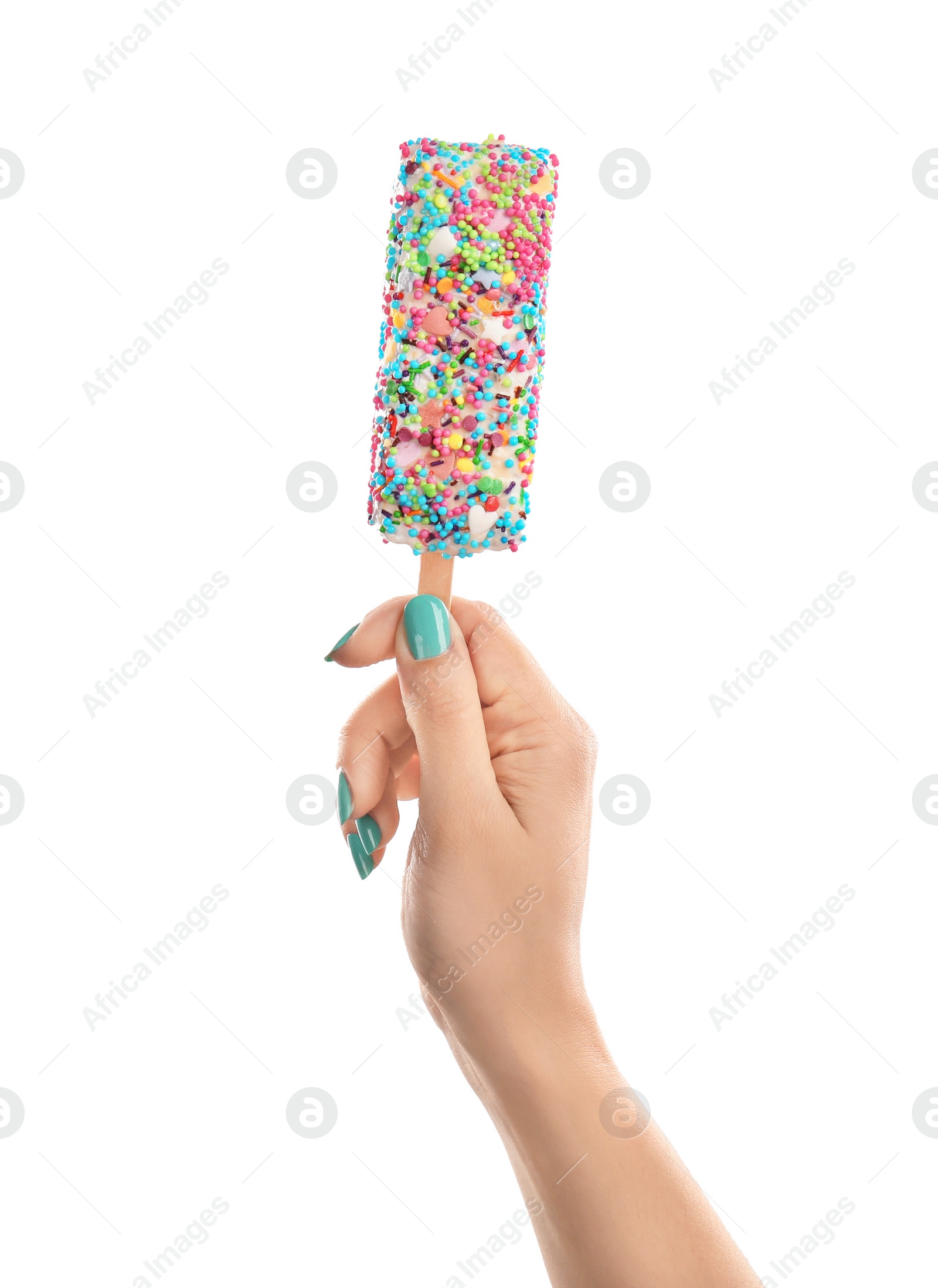 Photo of Woman holding yummy ice cream on white background. Focus on hand