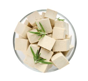 Photo of Glass bowl with delicious tofu and rosemary isolated on white, top view