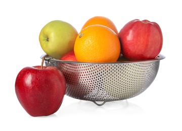 Photo of Colander with fresh fruits isolated on white