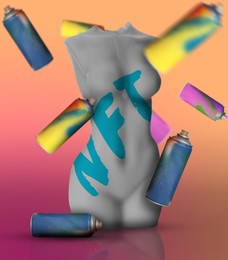 Image of Female body statue with abbreviation NFT and falling spray paint cans on color background